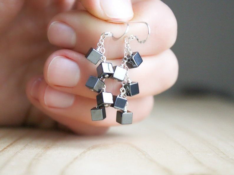 Hematite Earrings Dangle . Anxiety Relief Crystal Earrings . Gemstone Cluster Earrings Silver . Square Earrings image 6