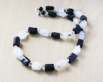 Black Tourmaline, White Moonstone, and Green Prehnite Necklace for Security and Peace NEW