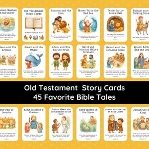 Puede incluir: Un conjunto de tarjetas ilustradas de historias del Antiguo Testamento con 45 relatos bíblicos. Cada tarjeta tiene una ilustración colorida y una breve descripción. Las tarjetas incluyen historias como Sansón y el león, Jonás y la ballena, y Adán y Eva.