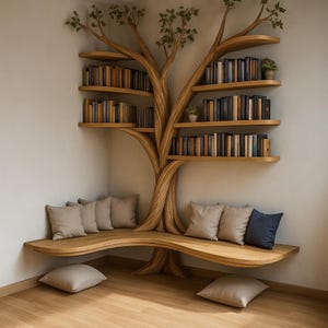Rustic Tree Bookshelf Wall Art with Corner Bench | Handmade Driftwood Floating Shelves | Cozy Reading Nook Storage for Nature-Inspired Homes