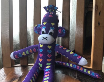 Purple Sock Monkey with Multi-Colored Hearts