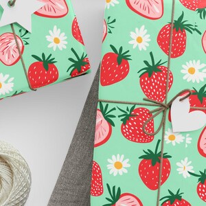 Strawberry Wrapping Paper | Cute Summer Gift Wrap | Mint Green Fruit Gift Wrap | Custom Paper for Birthdays, Kids, Baby Shower
