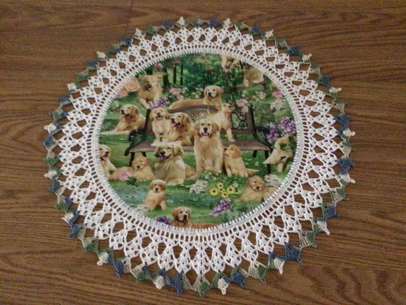 Crochet Doily Golden Retriever dogs in the Park Lace Best Doilies Multi Colors Handmade Crocheted Centerpiece Table Topper 20 image 1