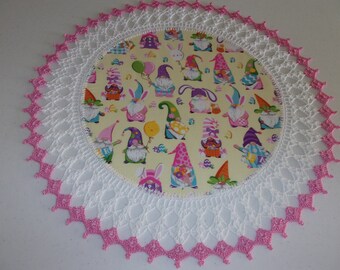 Easter Doily Gnomes on a Yellow Background Fabric Center Crocheted Edge 20 Inches Centerpiece