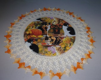 Fall Thanksgiving Doily Cats and Orange Pumpkins Lace Table Topper Round Handmade Table Decoration Crochet 16 Inches Fall Centerpiece