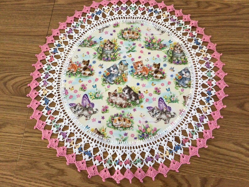 Crochet Doily Spring Flowers Kittens Butterflies Lace Best Doilies Multi Colors Handmade 20 Inches Crocheted Centerpiece Table Topper image 2
