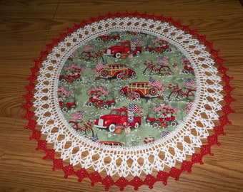 Crocheted Doily Lace Patriotic 4th of July Memorial Day Red Truck Flags Fabric Center Crocheted Edge Doilies Table Topper Gift Handmade 20"