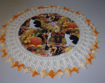 Fall Thanksgiving Doily Cats and Orange Pumpkins Lace Table Topper Round Handmade Table Decoration Crochet 18 Inches Fall Centerpiece