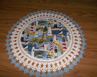 Crocheted Lighthouse Doily 18 inches Fabric Center Crocheted Edge Lace Doily Table Topper Centerpiece Nautical Doily Handmade Gift