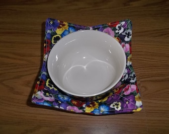 Microwave Bowl Cozy Microwave Bowl Holder Microwave Cozy Microwave Soup Cozies Pansy Bowl Cozy All Cotton Handmade Gift Hot or Cold Cozy