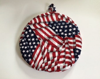 Quilted, Patriotic Pot holders, 4th of July, Potholders, Quilted Hot Pads, Round Cotton, Double Insulated, Handmade, Trivet, 9 Inches, Gift