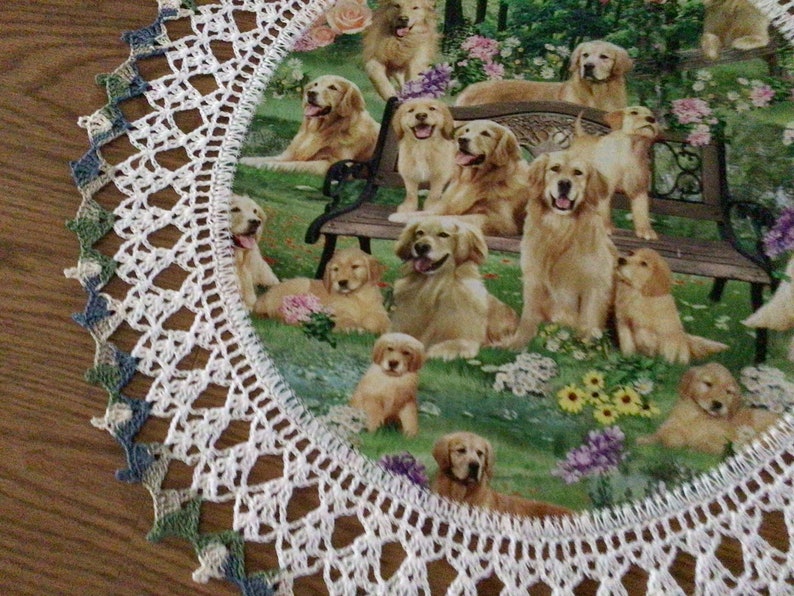 Crochet Doily Golden Retriever dogs in the Park Lace Best Doilies Multi Colors Handmade Crocheted Centerpiece Table Topper 20 image 3