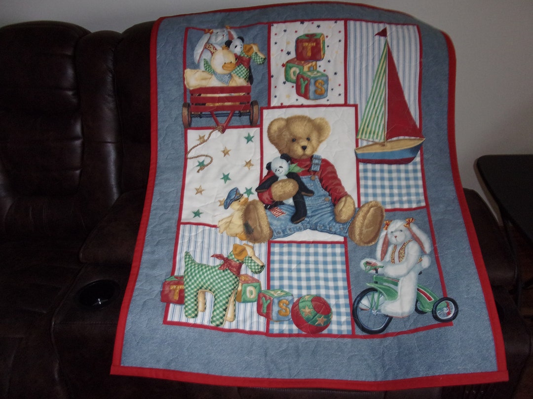Handmade Quilted Baby Quilt Blue Jean Teddy Baby Blanket Cotton Quilt