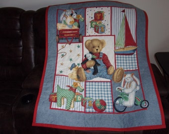 Handmade Quilted Baby Quilt Blue Jean Teddy Baby Blanket Cotton Quilt Crib Blanket Crib Bedding Padded Play Mat