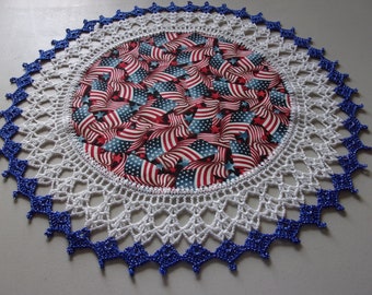 Patriotic Doily Flags Red and Blue Stars 4th of July Table Topper Round Lace Decoration Fabric Center Crocheted Edge 20 Inches Centerpiece