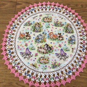Crochet Doily Spring Flowers Kittens Butterflies Lace Best Doilies Multi Colors Handmade 20 Inches Crocheted Centerpiece Table Topper image 1