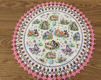 Crochet Doily Spring Flowers Kittens Butterflies Lace Best Doilies Multi Colors Handmade 20 Inches Crocheted Centerpiece Table Topper