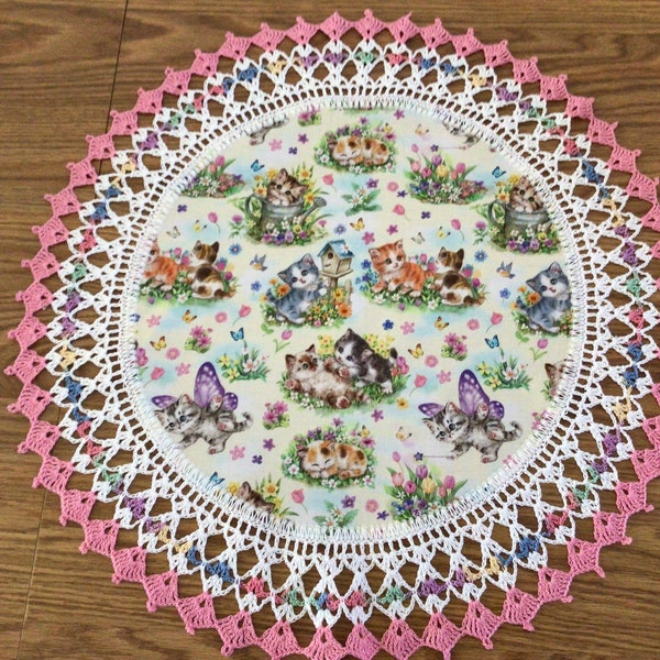 Crochet Doily Spring Flowers Kittens Butterflies Lace Best Doilies Multi Colors Handmade 20 Inches Crocheted Centerpiece Table Topper