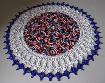 Crocheted Doily Lace Patriotic 4th of July Memorial Day USA Flags Fabric Center Crocheted Edge Doilies Table Topper Gift Handmade 16”