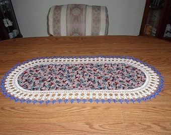 Patriotic Table Runner USA Flags Red and Blue Stars Memorial Day 4th of July Crochet Handmade Oval Table Topper Dresser Scarf Centerpiece