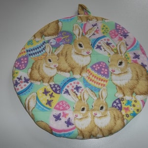 Easter Quilted, Pot Holders, Potholders, Hot Pads Trivet Round Rabbits Eggs Handmade 9 Inches Double Insulated, Kitchen Decor,  Hostess Gift