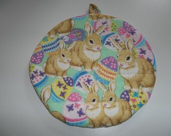 Easter Quilted, Pot Holders, Potholders, Hot Pads Trivet Round Rabbits Eggs Handmade 9 Inches Double Insulated, Kitchen Decor,  Hostess Gift