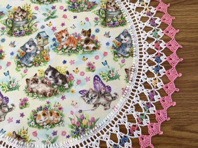 Crochet Doily Spring Flowers Kittens Butterflies Lace Best Doilies Multi Colors Handmade 20 Inches Crocheted Centerpiece Table Topper image 4