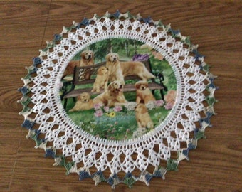 Crochet Doily Golden Retriever dogs in the Park Lace Best Doilies Multi Colors Handmade Crocheted Centerpiece Table Topper 18”