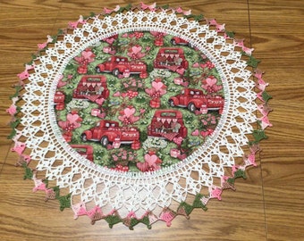 Valentine’s Day Doily Red Trucks  with Pink Red Hearts Fabric Center Crocheted Edge 20 Inches Table Centerpiece