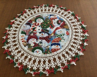 Snowman Doily, Snowmen Handmade Christmas Doilies, Crochet Edge, Holiday Centerpiece, Round Table Decoration 16 inches