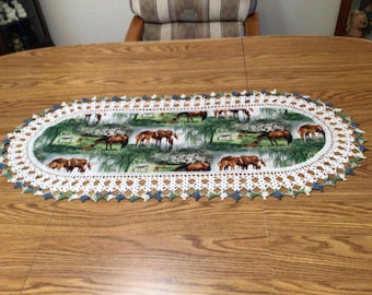 Horse Table Runner, Horses Colt, Crocheted Handmade, Best Doilies, Lace Edge, Dresser Scarf, Home Decor, Oval Centerpiece, Crocheted Edge