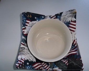 Microwave Bowl, Holder Cozy, Microwave Soup Cozies, Patriotic Eagles Flags Reversible Potholders All Cotton, Handmade Gift, Hot or Cold Cozy