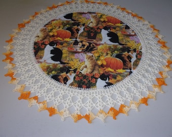 Fall Cats and Pumpkins Flowers Crochet Doily 20 Inches Fabric Center Crocheted Edging Table Topper Centerpiece Handmade Gift Home Decor