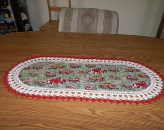 Patriotic Table Runner Red Truck Flags Memorial Day 4th of July Handmade Oval Table Topper Tablecloth Crocheted Edge Best Doilies Gift