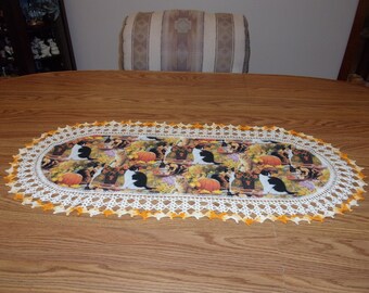 Fall Table Runner Cats and Pumpkins Crochet Fabric Center Crocheted Edging Table Topper Centerpiece Handmade Gift Home Decor