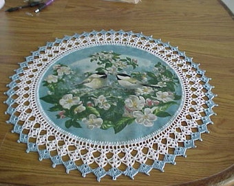 Crocheted Doilies Two Chick A Dees in the Apple Blossoms Doily Fabric Center Crocheted Edge Table Topper centerpiece