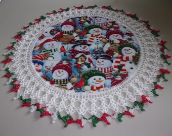 Snowman Doily, Snowmen Handmade  20” Christmas Doilies, Crochet Edge, Holiday Centerpiece, Round Table Decoration