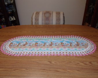 Easter Table Runner Bunny Tails Scenic Print 16 X 36 Inch Fabric Doilies Handmade Lace Table Topper Centerpiece Crocheted Edge Gift