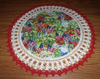 Patriotic Doily Flags 4th of July Table Topper Round Lace Table Decoration Fabric Center Doily Crocheted Edge 20 Inches Centerpiece