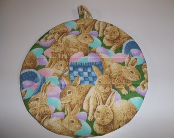 Easter Quilted Pot Holders Potholders Hot Pads Trivet Round Rabbits Eggs and Baskets Handmade 9 Inches Double Insulated Kitchen Hostess Gift