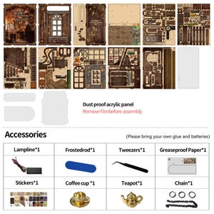 May include: A wooden model kit with laser-cut pieces, accessories, and an acrylic panel. The kit includes a lampline, tweezers, stickers, a coffee cup, a teapot, and a chain. The image text reads "Serenity Coffee House".