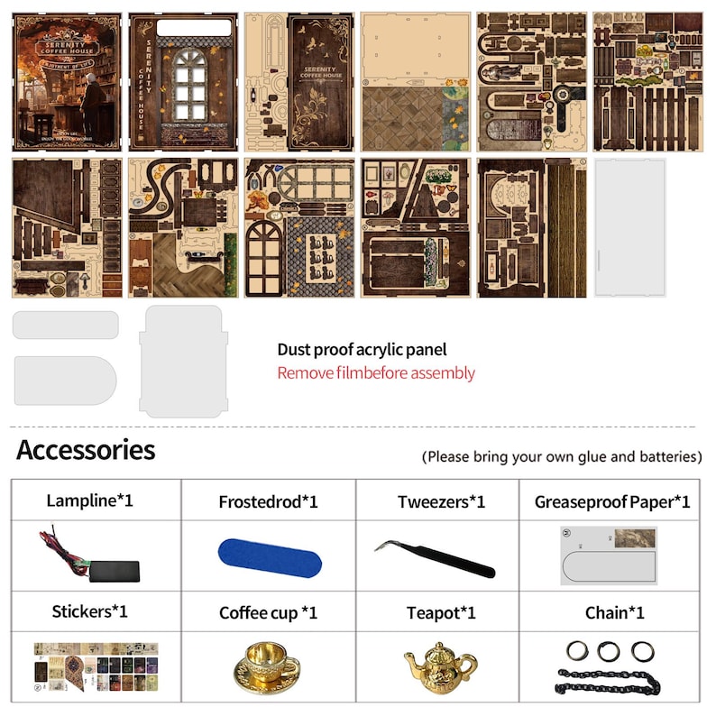 May include: A wooden model kit with laser-cut pieces, accessories, and an acrylic panel. The kit includes a lampline, tweezers, stickers, a coffee cup, a teapot, and a chain. The image text reads "Serenity Coffee House".