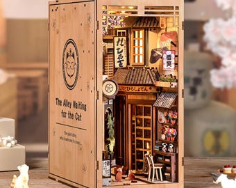 Japanese Alley Book Nook Kit, Miniature Diorama, Wooden Puzzle, LED Lights
