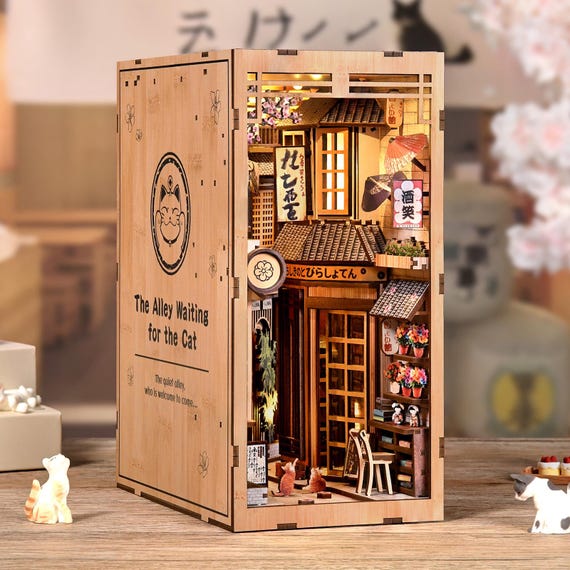Japanese Alley Book Nook Kit, Miniature Diorama, Wooden Puzzle, LED Lights