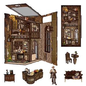 May include: A detailed wooden miniature shop interior with shelves, windows, and a counter. The model includes a figure, furniture, and decorative elements. The shop's sign reads "Alchemy Coffee".