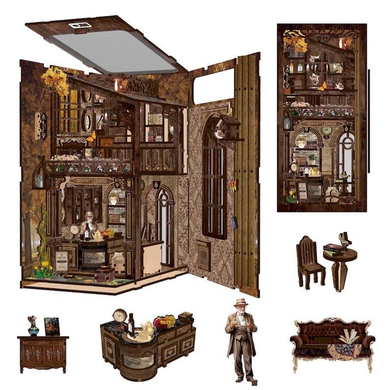 May include: A detailed wooden miniature shop interior with shelves, windows, and a counter. The model includes a figure, furniture, and decorative elements. The shop's sign reads "Alchemy Coffee".