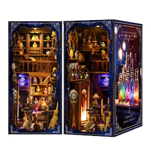 Enchanted Potion House DIY Book Nook Kit, Miniature Bookshelf Insert, Handmade 3D Wooden Puzzle, Fantasy Library Diorama, Unique Gift