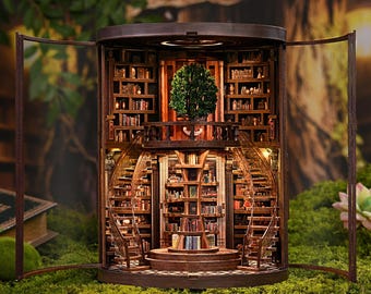 Wisdom Rings Book Repository DIY Dollhouse Kit, Miniature Book Nook, Handmade 3D Wooden Puzzle, Fantasy Library Diorama, Unique Gift