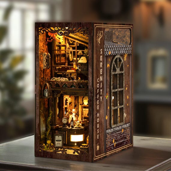 Serenity Coffee House DIY Book Nook Kit, Miniature Bookshelf Insert, Handmade 3D Wooden Puzzle, Fantasy Library Diorama, Unique Gift