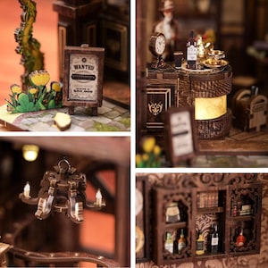 May include: A detailed miniature wooden pub scene featuring a "Wanted" sign, a clock, and a small barrel table. The scene includes a chandelier, shelves with bottles, and other decorative elements. The color scheme is predominantly brown and gold.